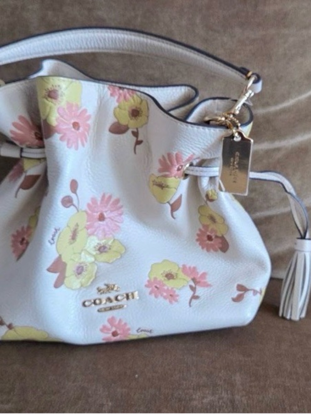 Coach White Leather Floral Drawstring Shoulder Bag with Pink & Yellow Blooms